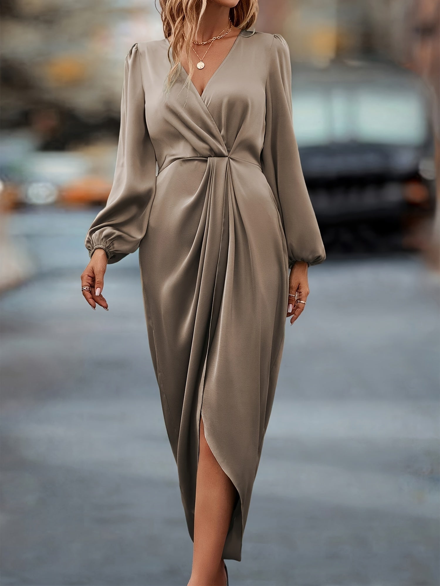 Surplice Neck Long Sleeve Formal Dress for Women