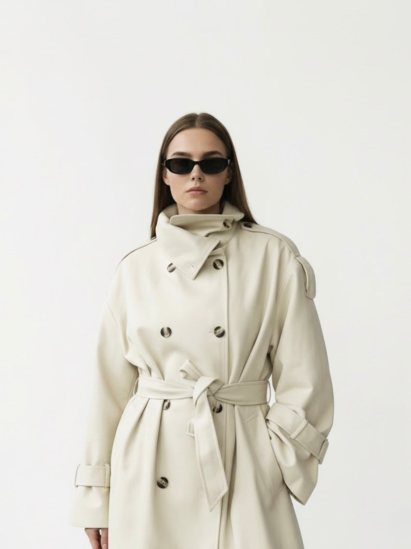 Zoé | Trench-coat long à col montant et ceinture 