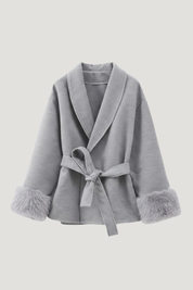 Celine | Wool Blend Belted Coat with Faux Fur Cuffs