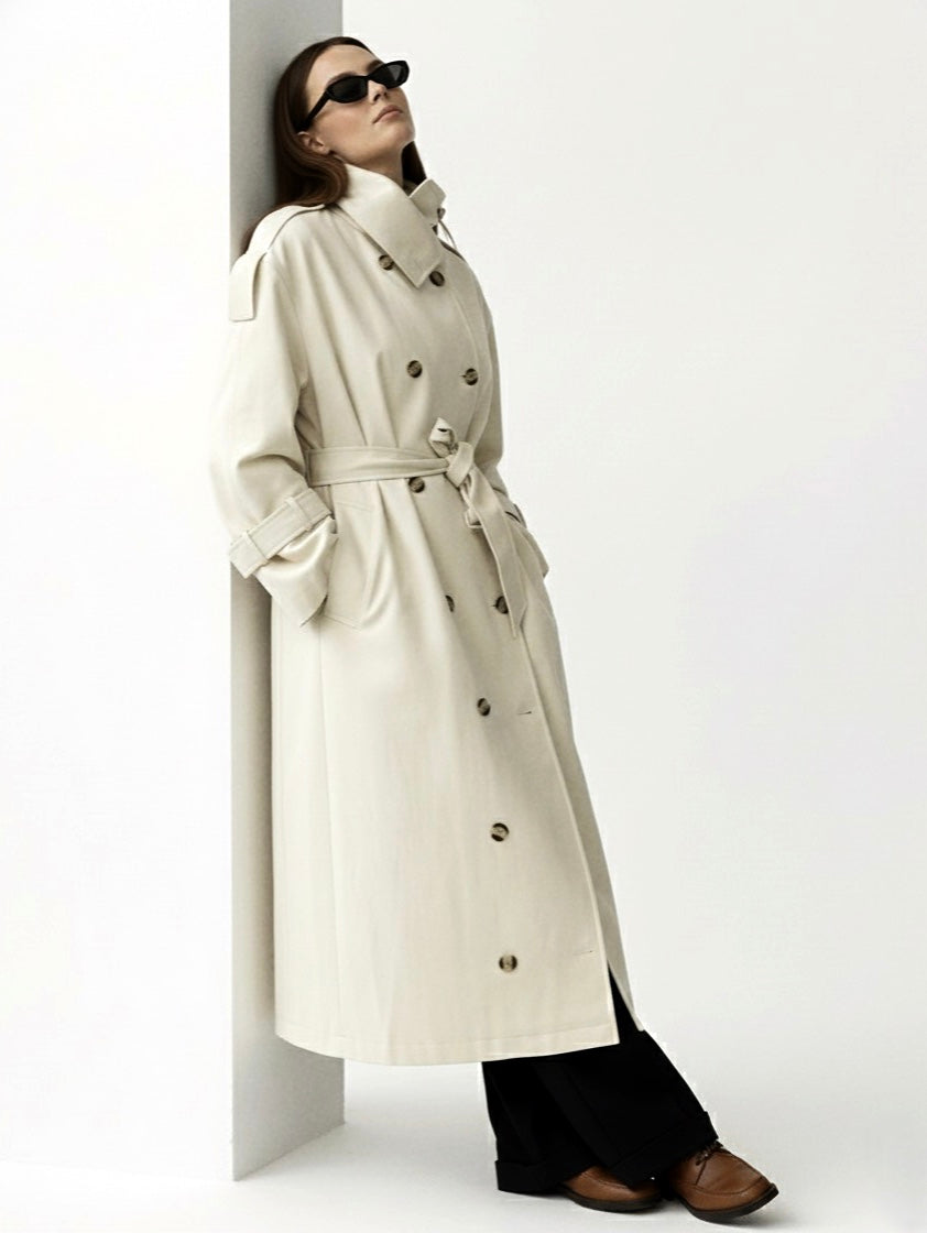 Zoé | Trench-coat long à col montant et ceinture 