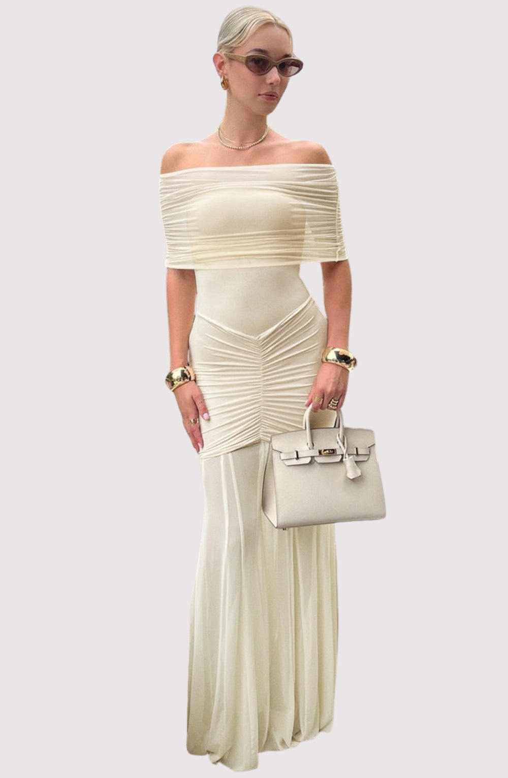 Michaela | Maternity Off-Shoulder Pleated Mesh Maxi Dress