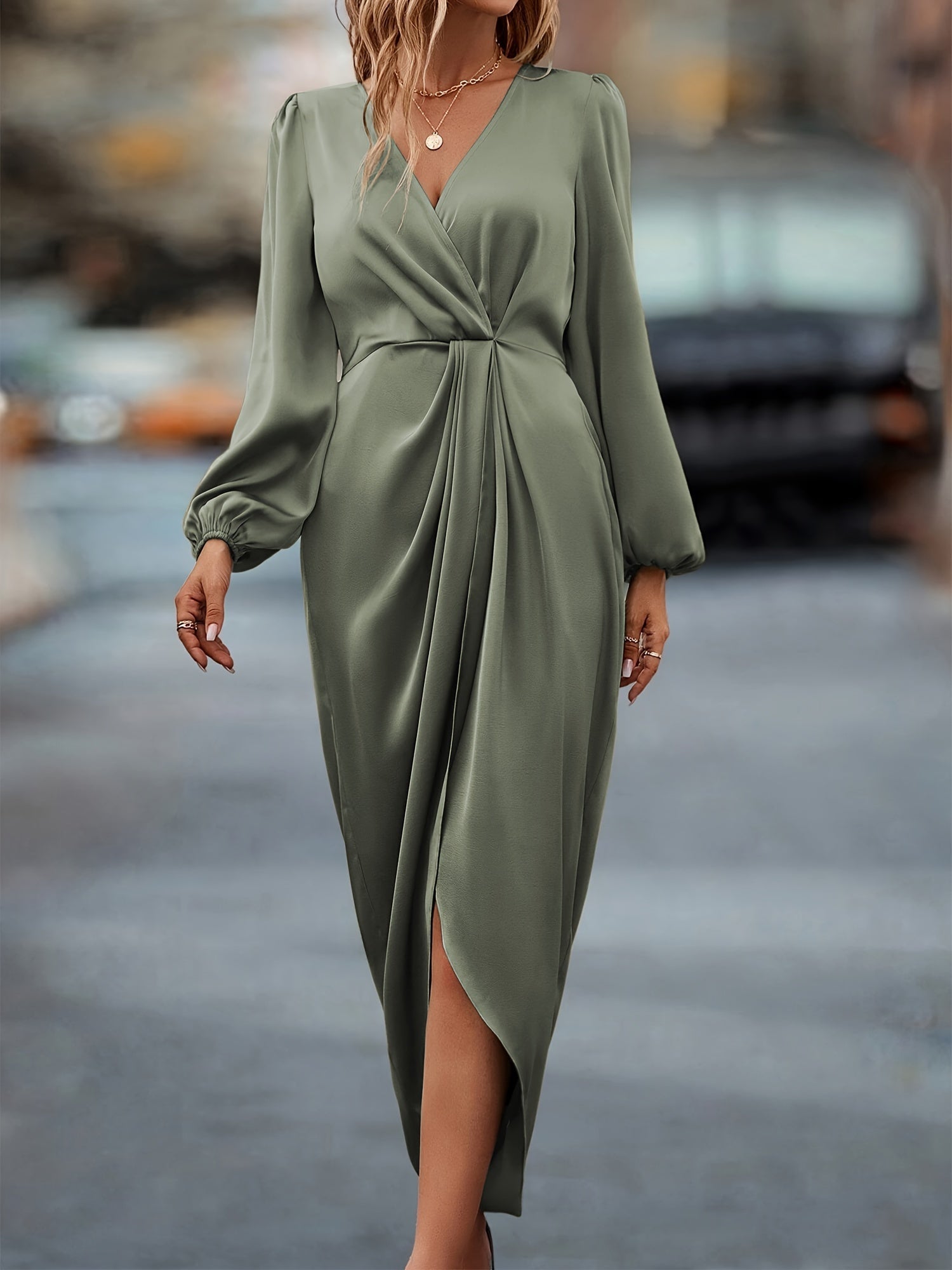 Surplice Neck Long Sleeve Formal Dress for Women