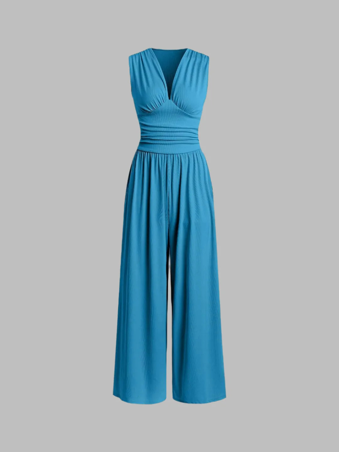 Blue sleeveless jumpsuit with deep V neckline, ruched waist and wide-leg trousers