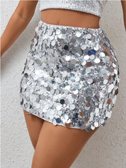 Silver sequin mini skirt with high waist and shimmering disc embellishments, perfect for party nights and festive occasions.