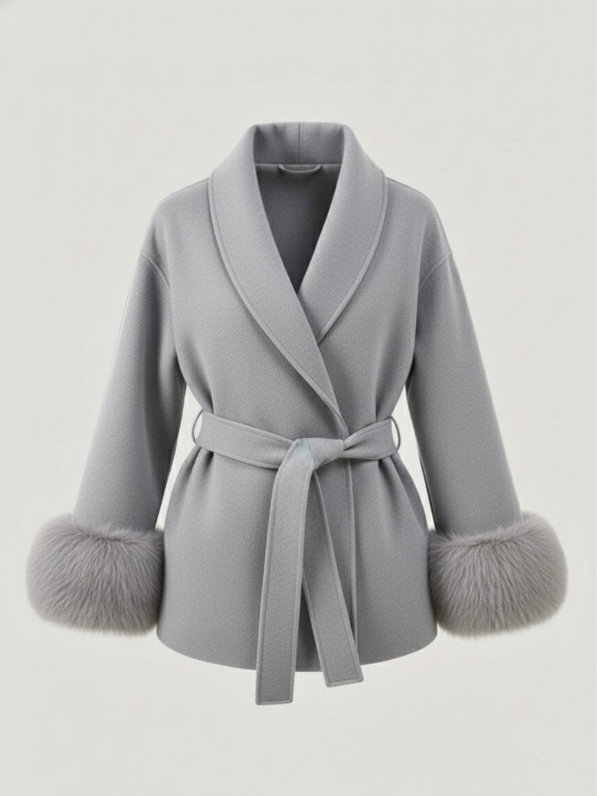 Celine | Belted Coat with Faux Fur Cuffs