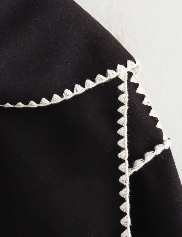 Nellie | Black Wool Cape Coat with Contrast Trim