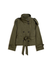 trench coat for women with a structured fit, high collar and dark buttons. Crafted from premium fabric, it highlights the waist and adds refined elegance to any autumn or winter outfit.