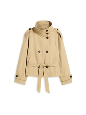 trench coat for women with a structured fit, high collar and dark buttons. Crafted from premium fabric, it highlights the waist and adds refined elegance to any autumn or winter outfit.