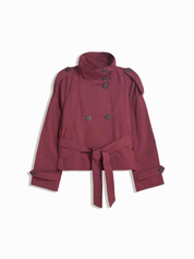 trench coat for women with a structured fit, high collar and dark buttons. Crafted from premium fabric, it highlights the waist and adds refined elegance to any autumn or winter outfit.