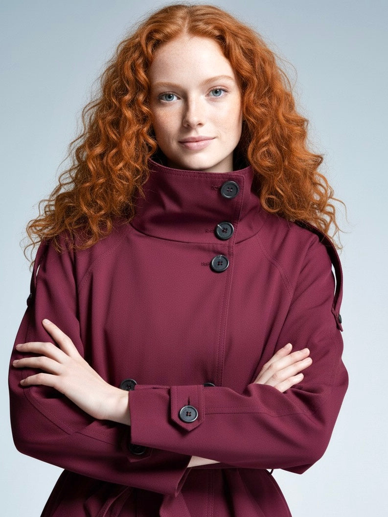 Beige Cath trench coat for women with a structured fit, high collar and dark buttons. Crafted from premium fabric, it highlights the waist and adds refined elegance to any autumn or winter outfit.
