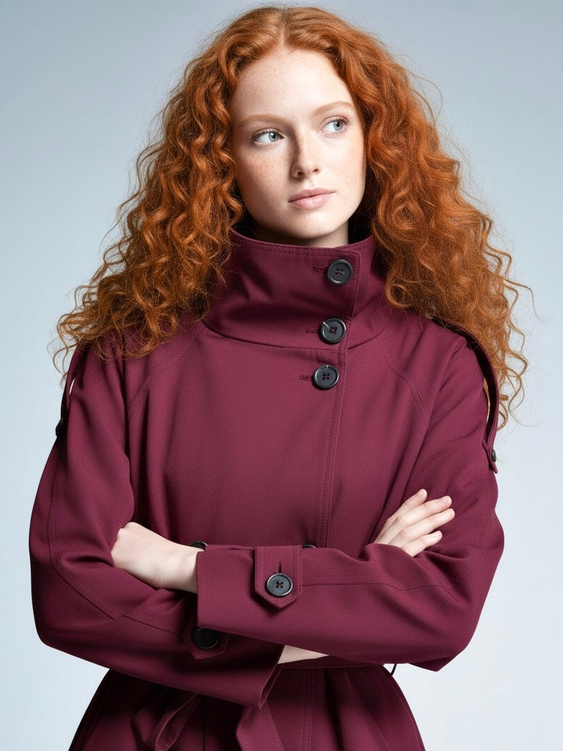 Beige Cath trench coat for women with a structured fit, high collar and dark buttons. Crafted from premium fabric, it highlights the waist and adds refined elegance to any autumn or winter outfit.