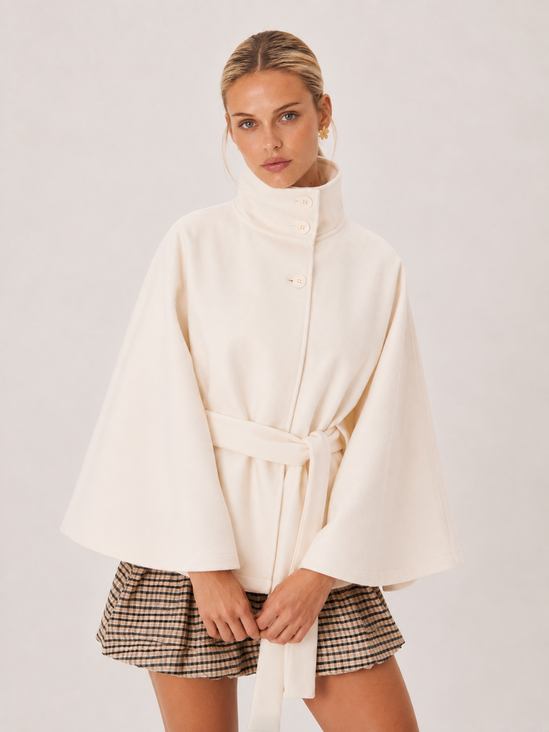 Chloe | High-Neck Belted Wool Cape Jacket
