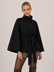 Chloe | High-Neck Belted Wool Cape Jacket
