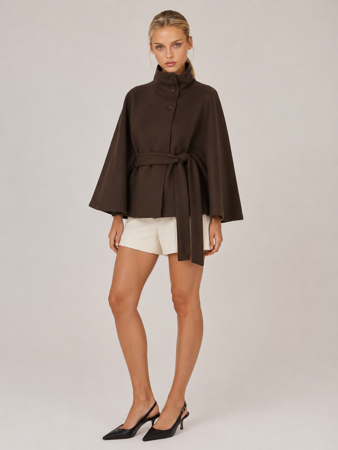 Chloe | High-Neck Belted Wool Cape Jacket