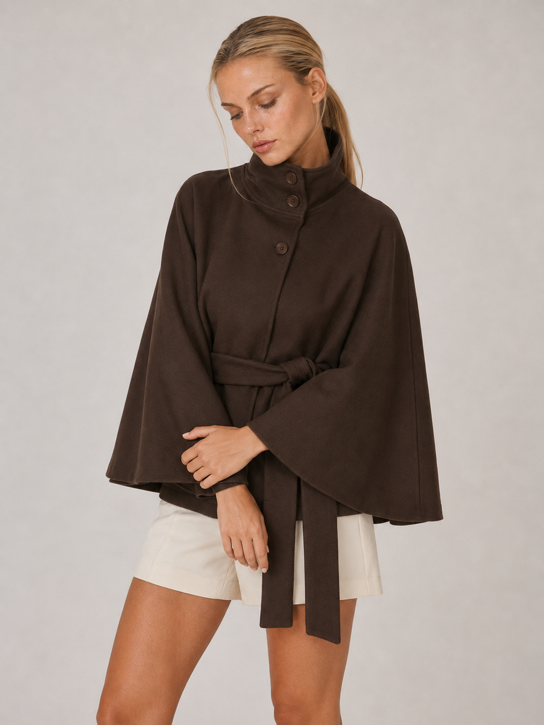 Chloe | High-Neck Belted Wool Cape Jacket