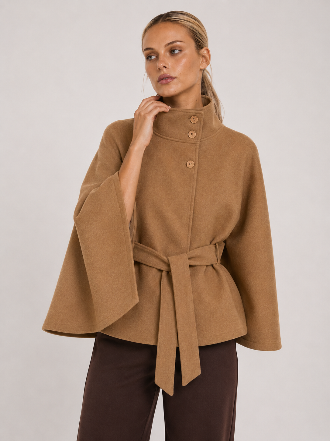 Chloe | High-Neck Belted Wool Cape Jacket