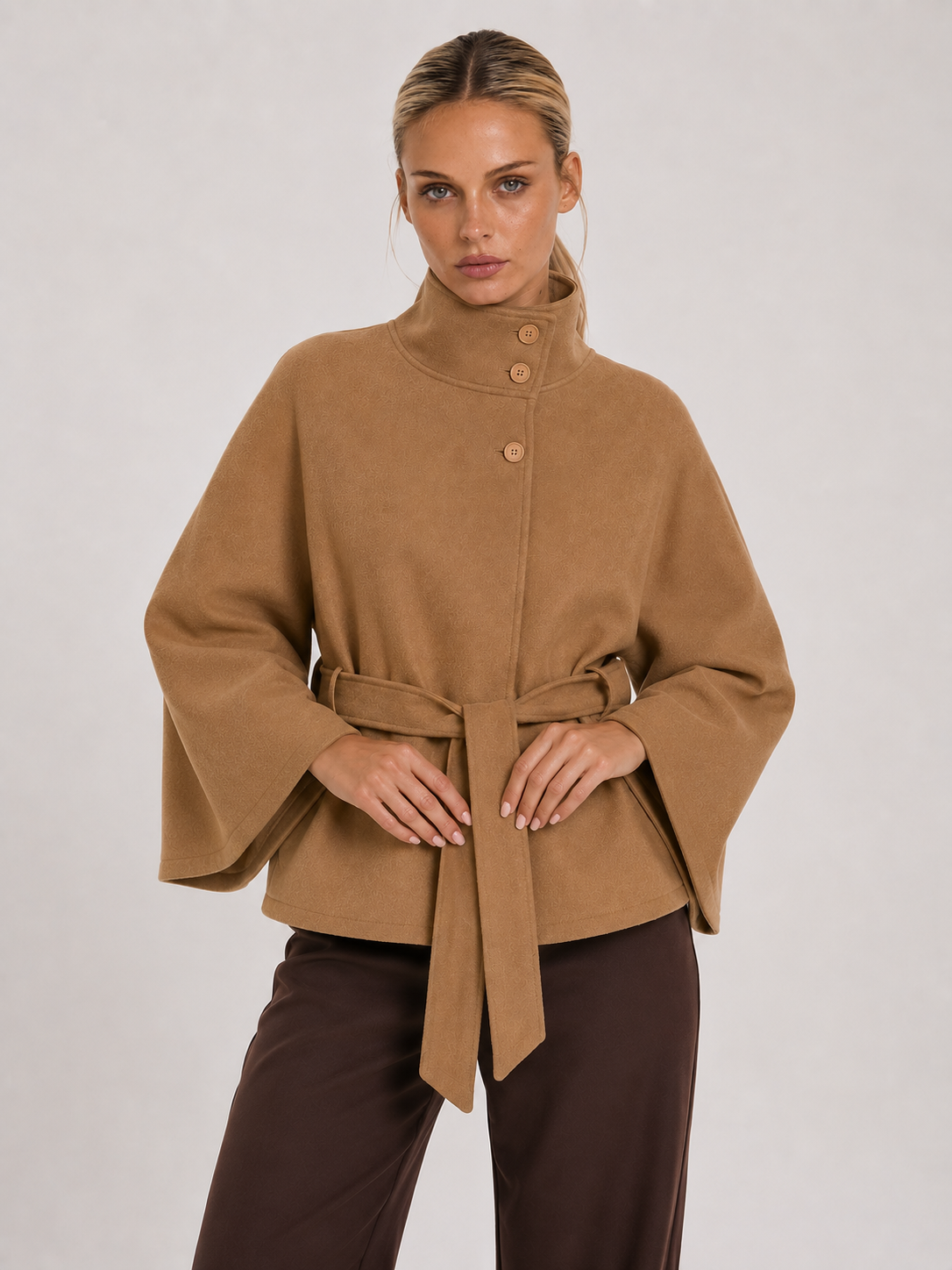 Chloe | High-Neck Belted Wool Cape Jacket