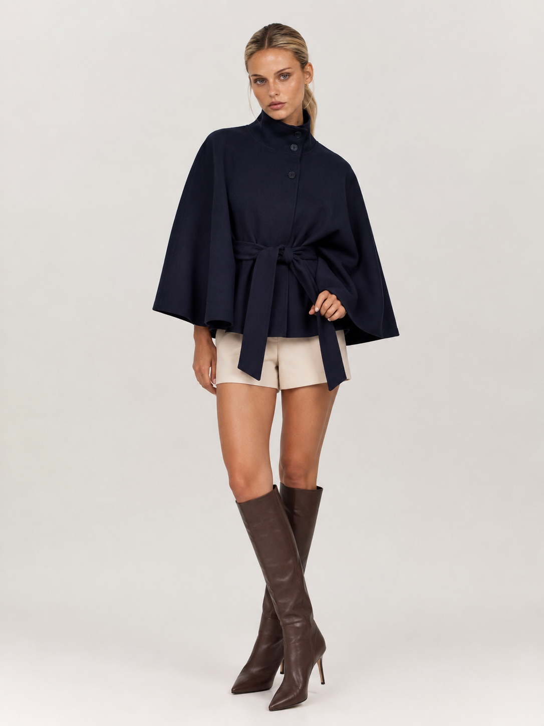 Chloe | High-Neck Belted Wool Cape Jacket