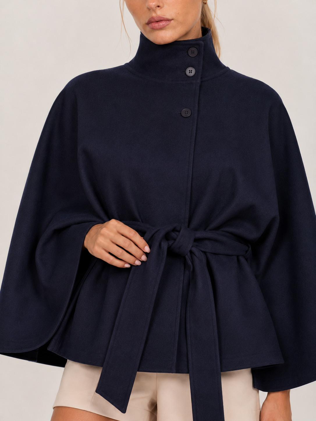 Chloe | High-Neck Belted Wool Cape Jacket