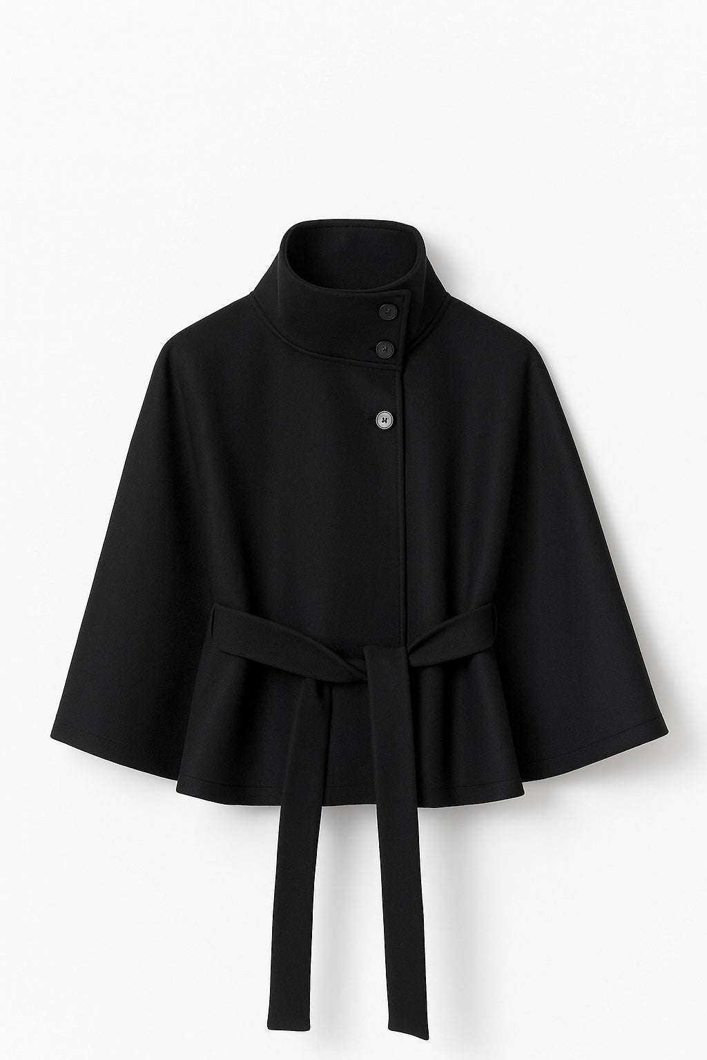 winter coat with high-neck collar, cape silhouette and adjustable waist belt. A chic belted jacket combining elegance, comfort and versatile seasonal style.