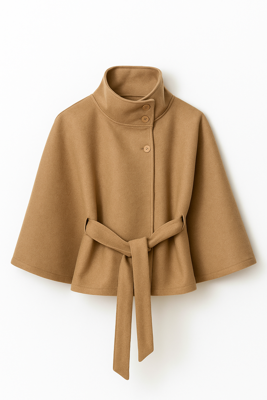 winter coat with high-neck collar, cape silhouette and adjustable waist belt. A chic belted jacket combining elegance, comfort and versatile seasonal style.