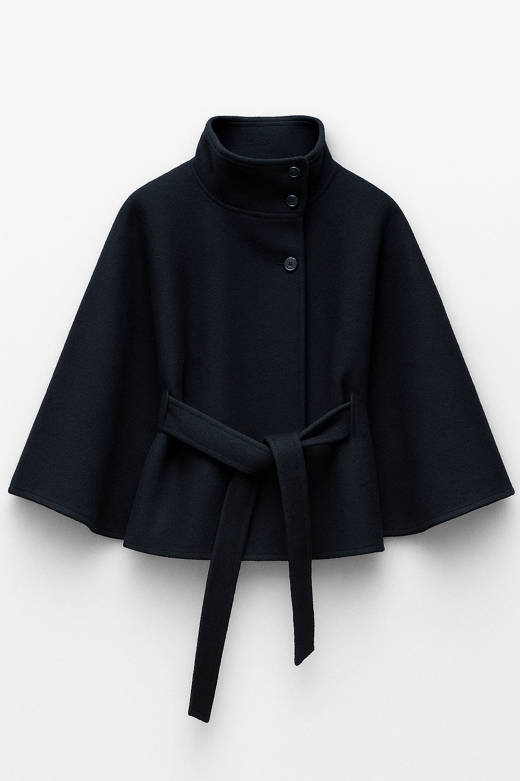 winter coat with high-neck collar, cape silhouette and adjustable waist belt. A chic belted jacket combining elegance, comfort and versatile seasonal style.