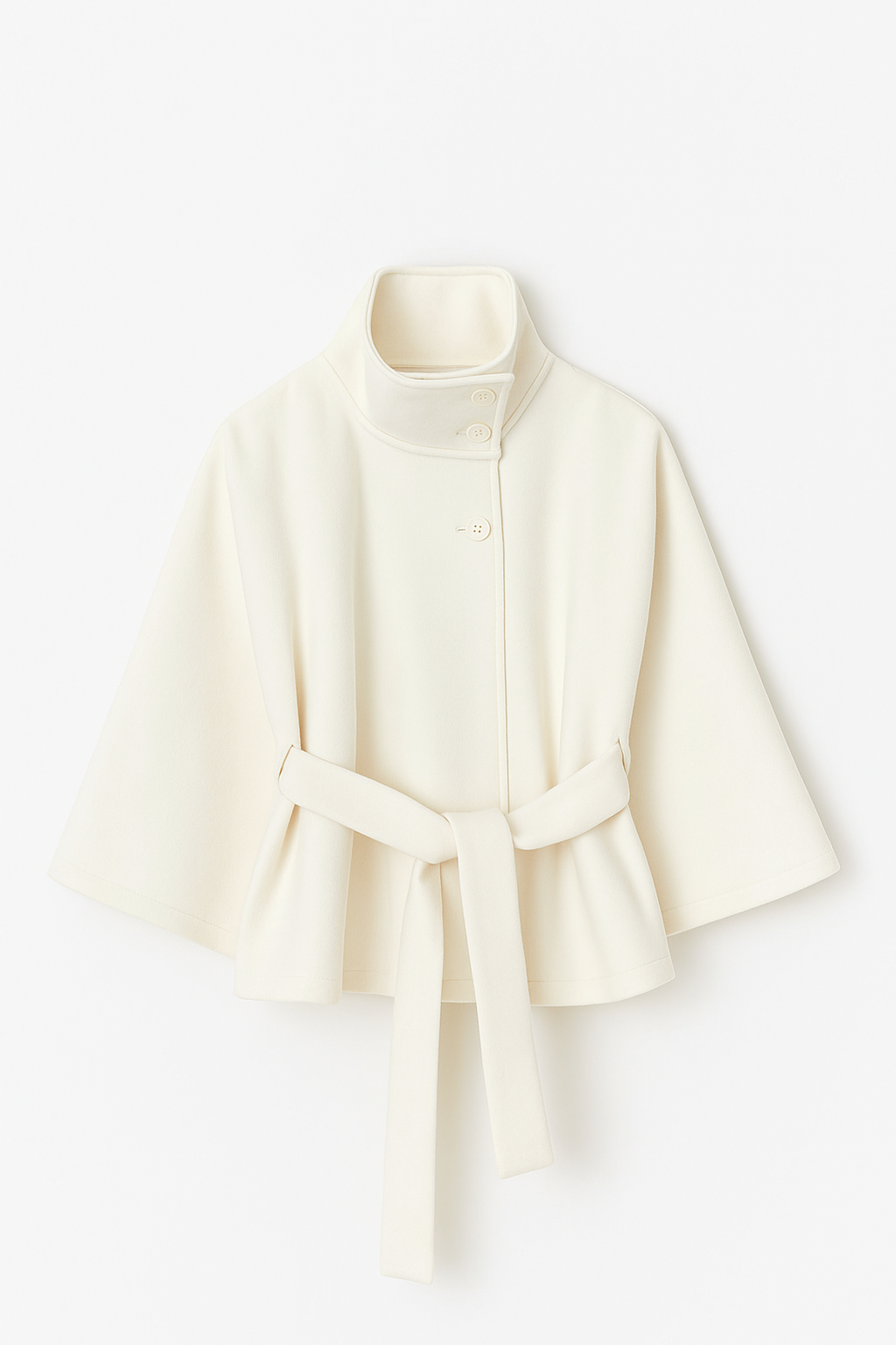winter coat with high-neck collar, cape silhouette and adjustable waist belt. A chic belted jacket combining elegance, comfort and versatile seasonal style.