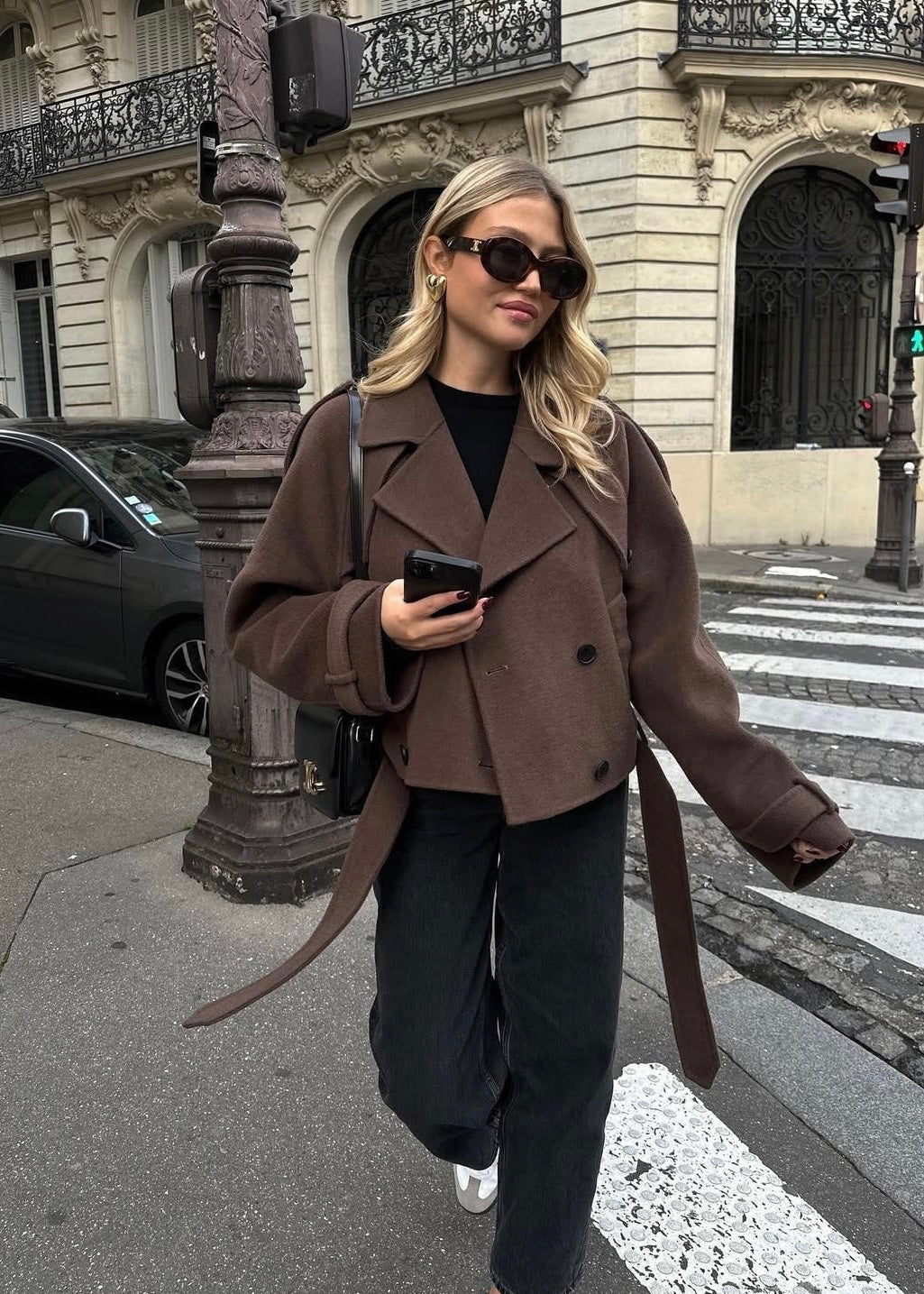 Camille | Brown Wool Blend Cropped Trench Jacket