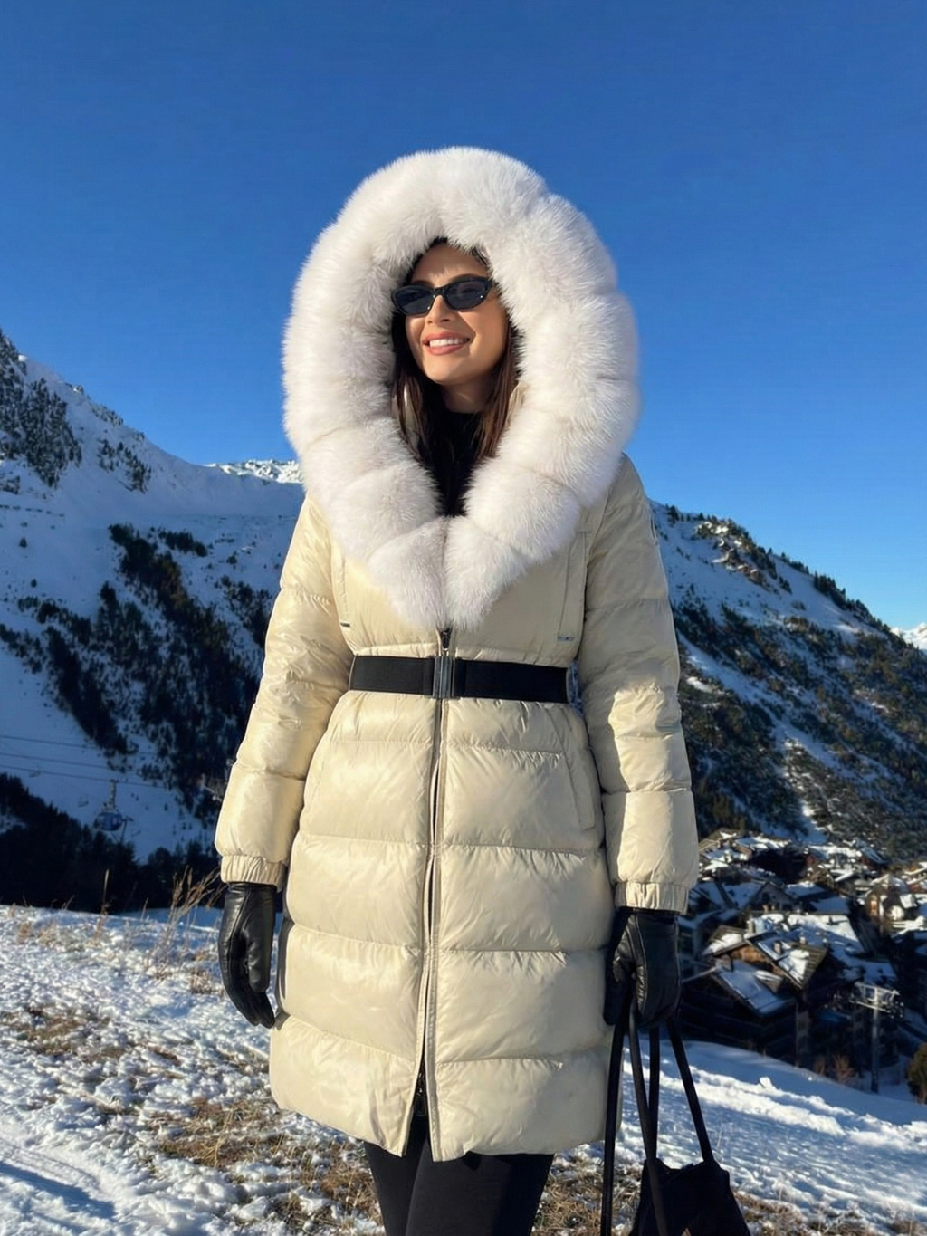 Jane | Langer Steppmantel mit Gürtel und Kapuze aus Kunstpelz