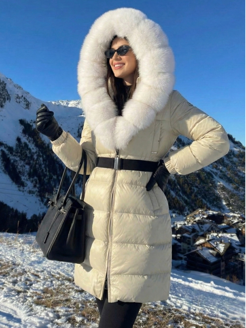 Jane | Langer Steppmantel mit Gürtel und Kapuze aus Kunstpelz