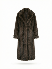 Long faux fur coat in deep brown tones with wide lapel collar and full-length silhouette