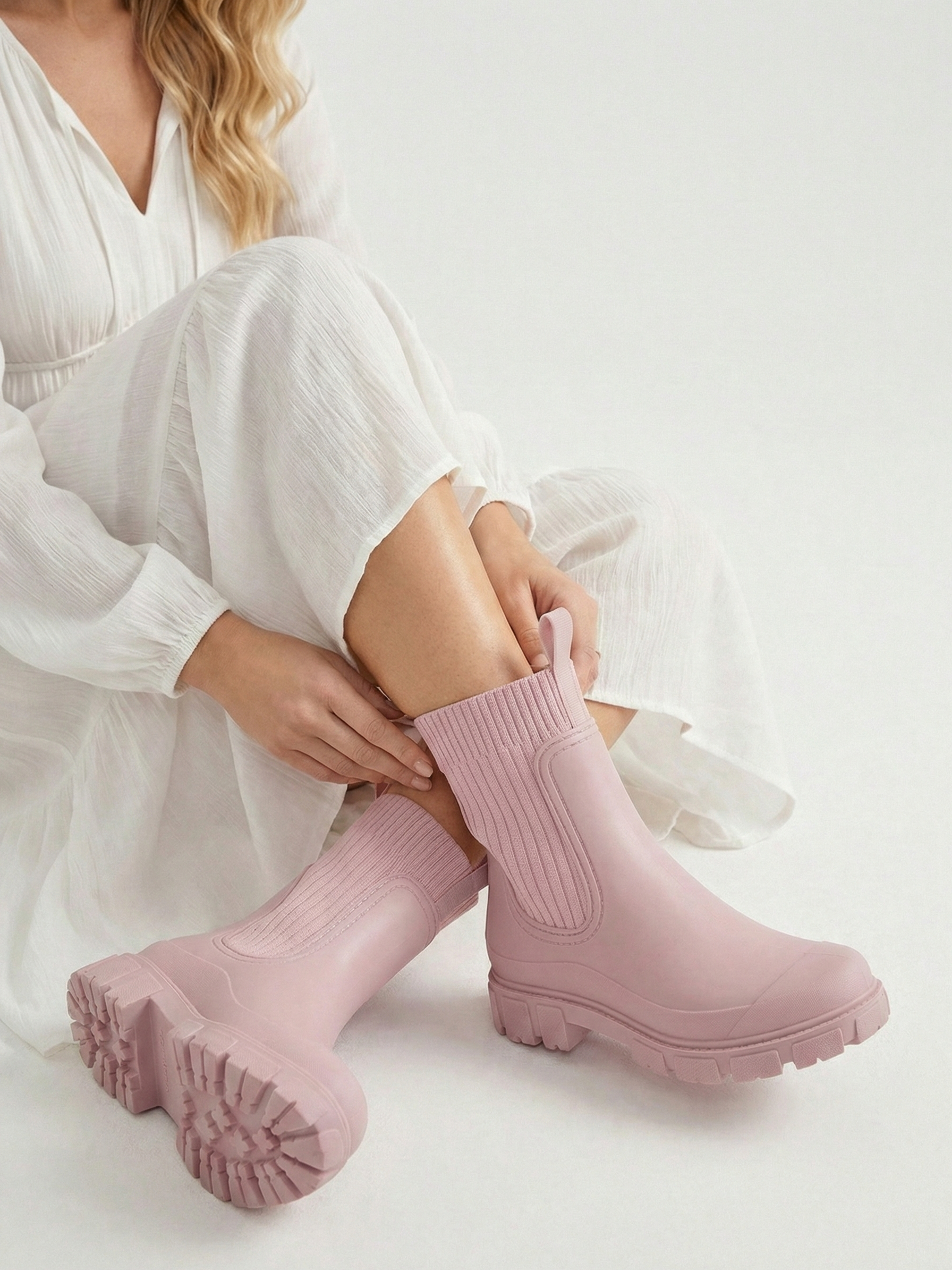 Pink waterproof ankle boot with elastic side panels, pull tabs and chunky lug sole