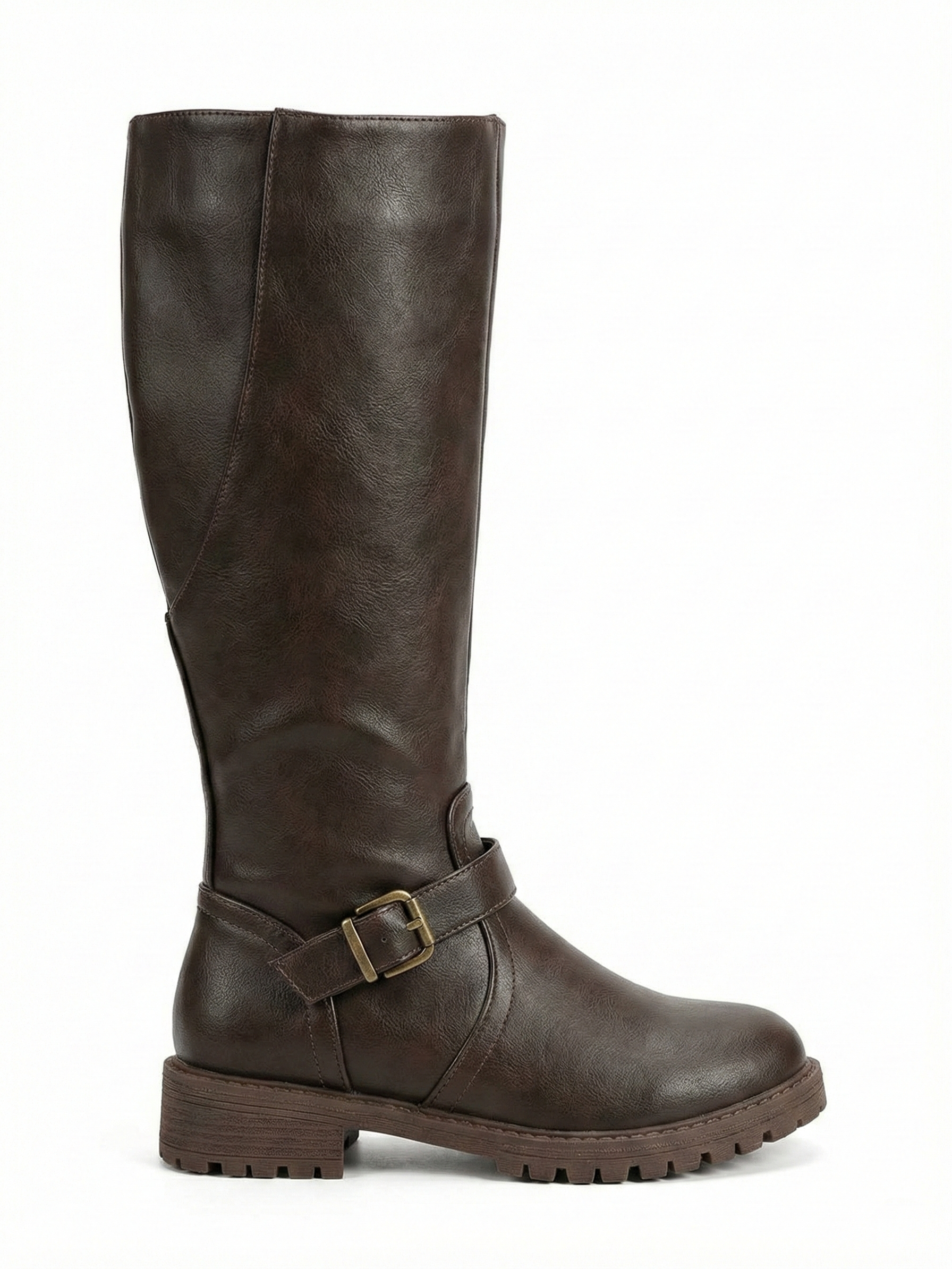 Dark Brown knee-high leather-look boot with side buckle strap, round toe and chunky tread sole