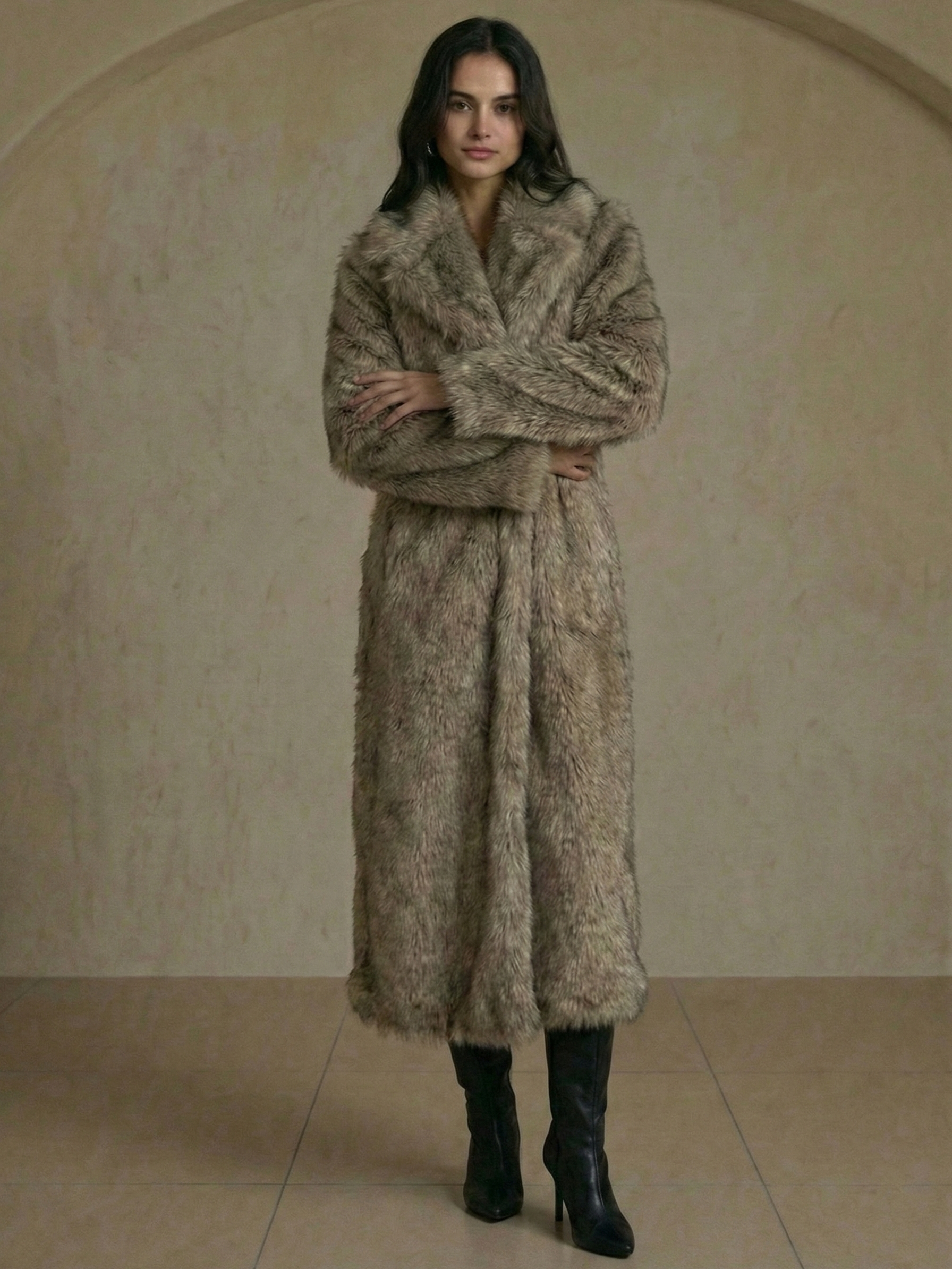 Long faux fur coat in deep brown tones with wide lapel collar and full-length silhouette