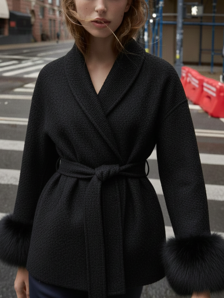 Céline | Manteau ceinturé à poignets en fausse fourrure