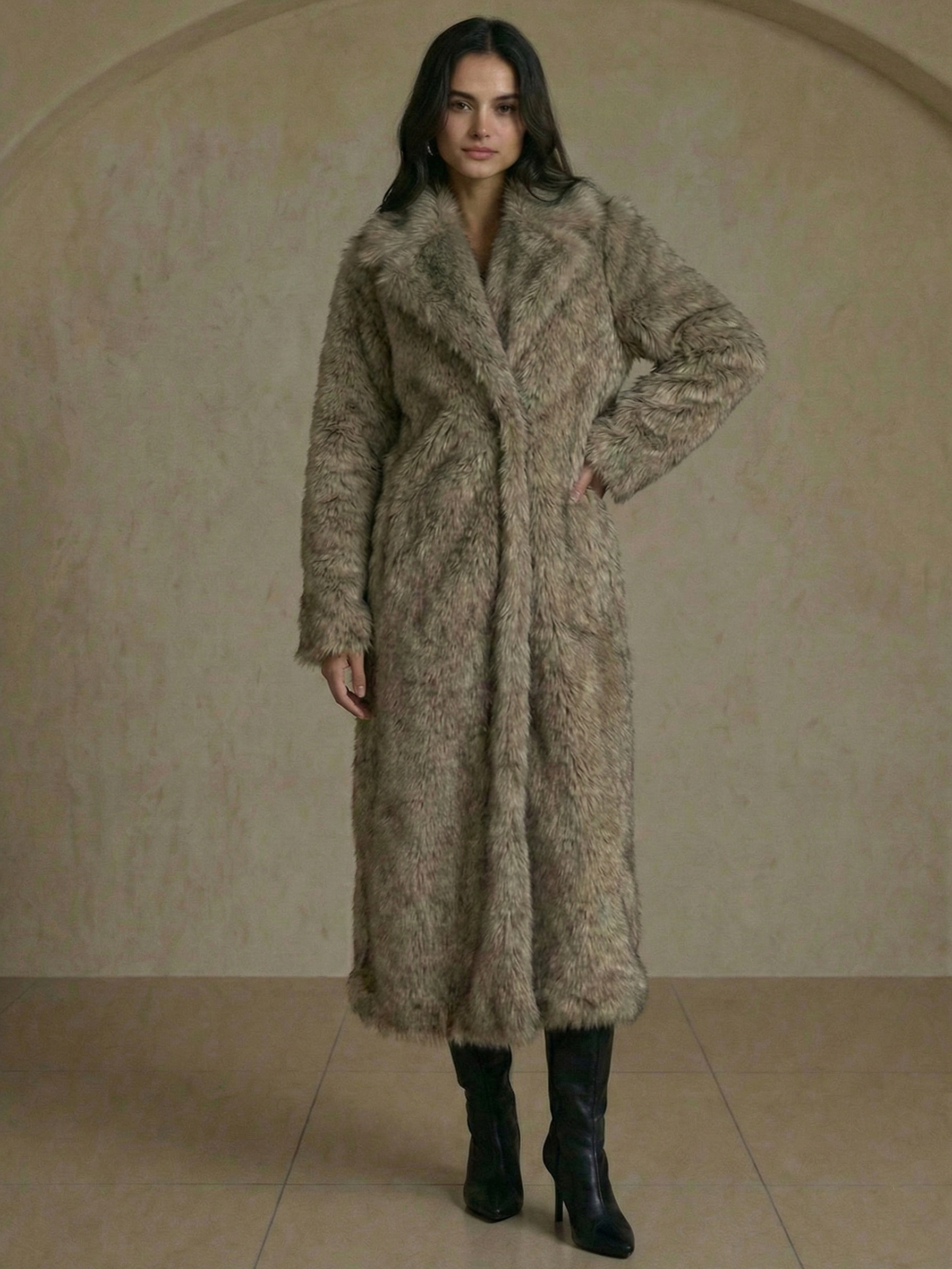  Long faux fur coat in deep brown tones with wide lapel collar and full-length silhouette