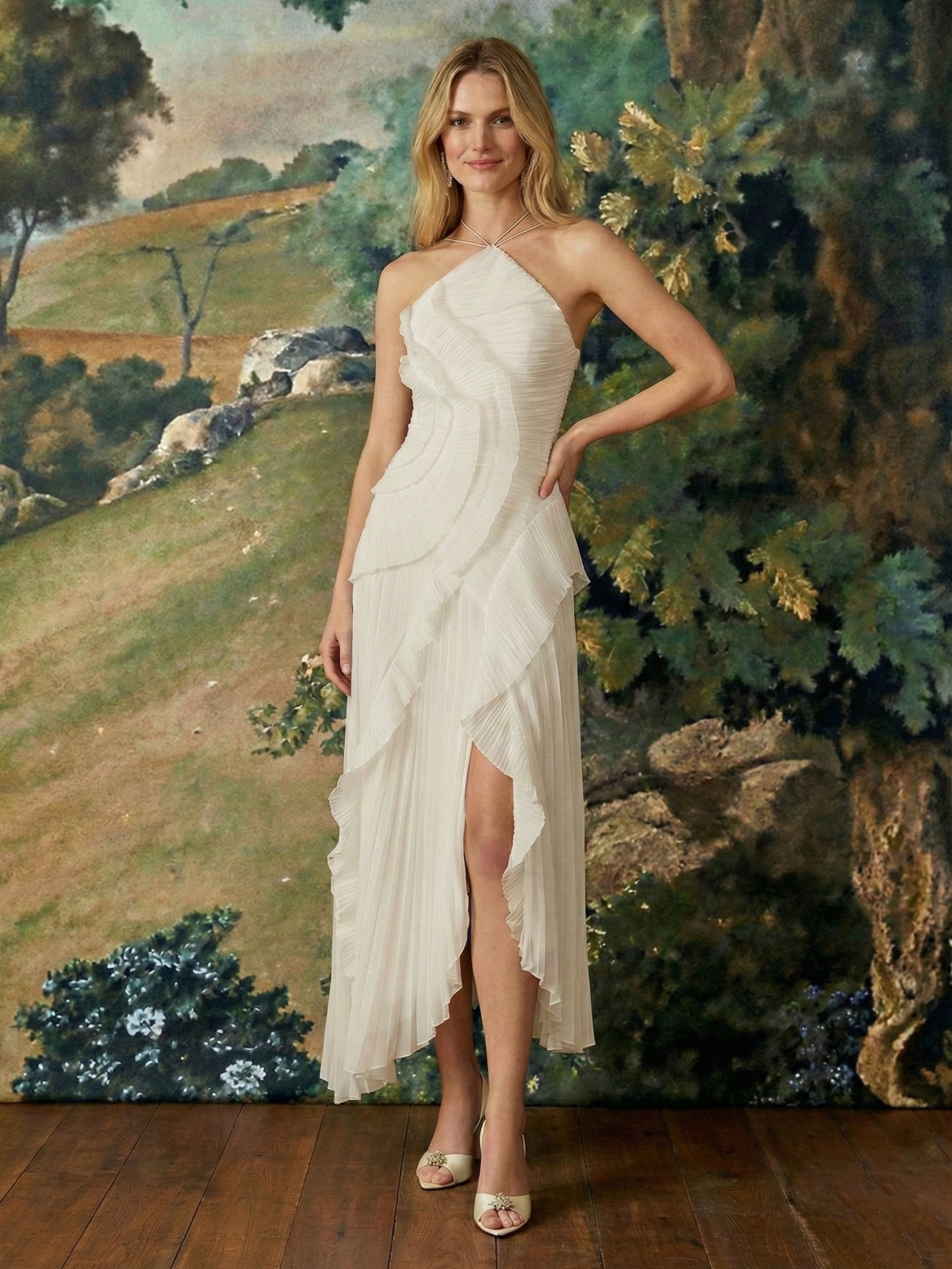 Catherine Ruffle Dress (Free Pearl Clutch)