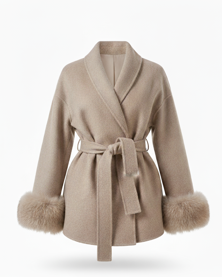 Celine | Wool Blend Belted Coat with Faux Fur Cuffs