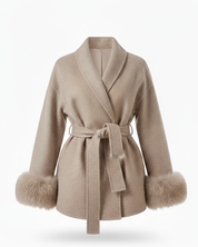 Celine | Wool Blend Belted Coat with Faux Fur Cuffs