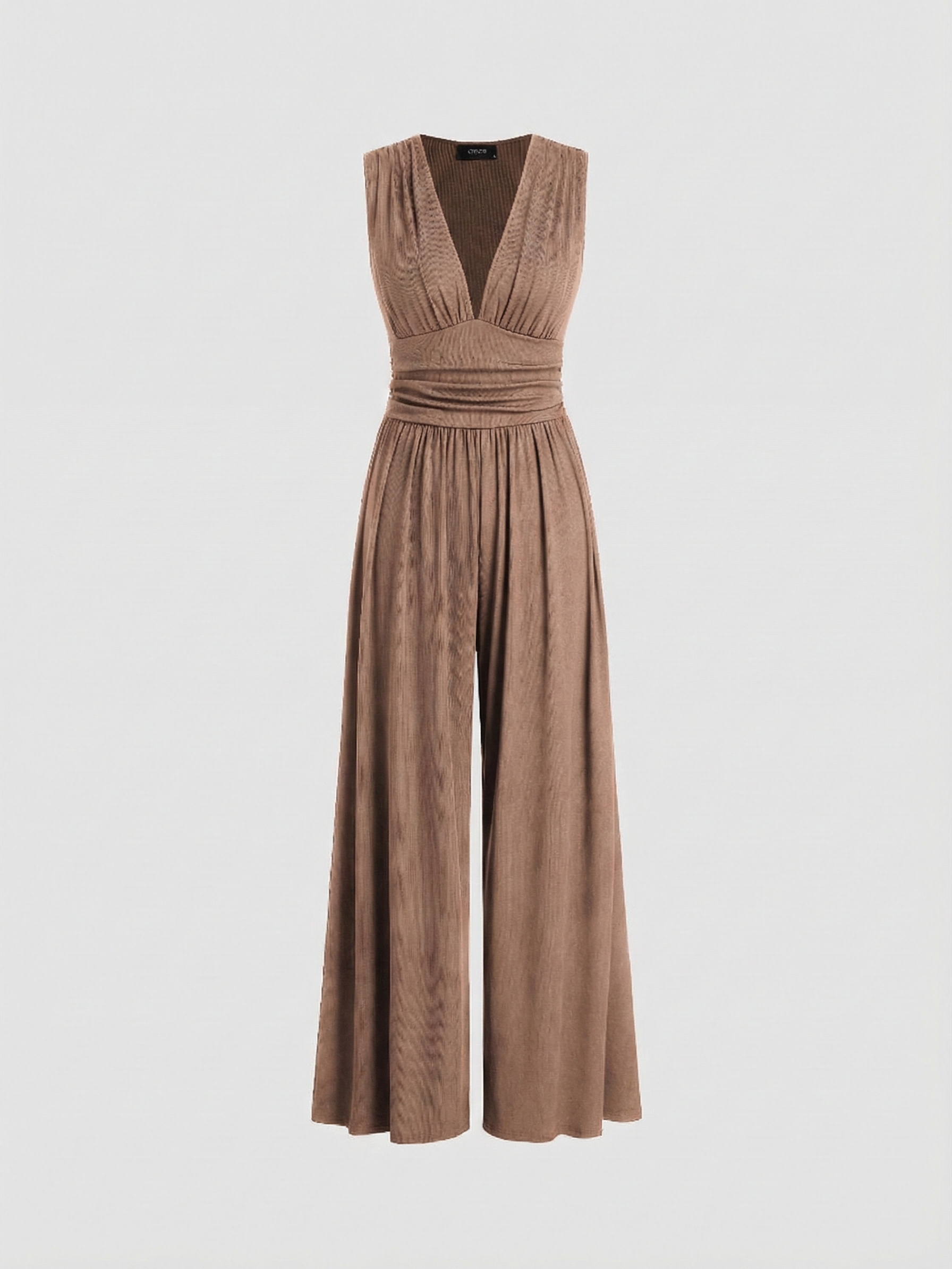 Khaki sleeveless jumpsuit with deep V neckline, ruched waist and wide-leg trousers