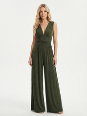 Army Green sleeveless jumpsuit with deep V neckline, ruched waist and wide-leg trousers