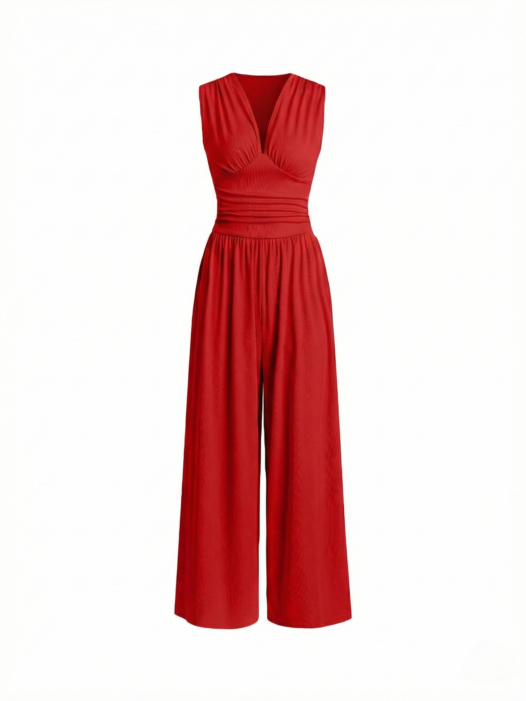 Red sleeveless jumpsuit with deep V neckline, ruched waist and wide-leg trousers