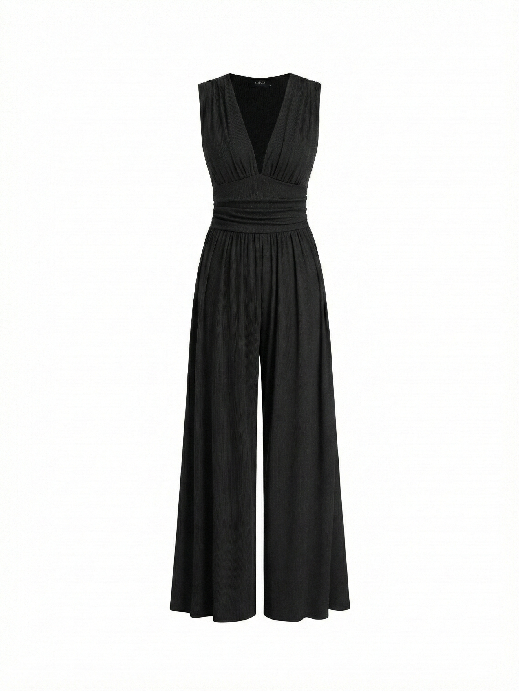 Black sleeveless jumpsuit with deep V neckline, ruched waist and wide-leg trousers