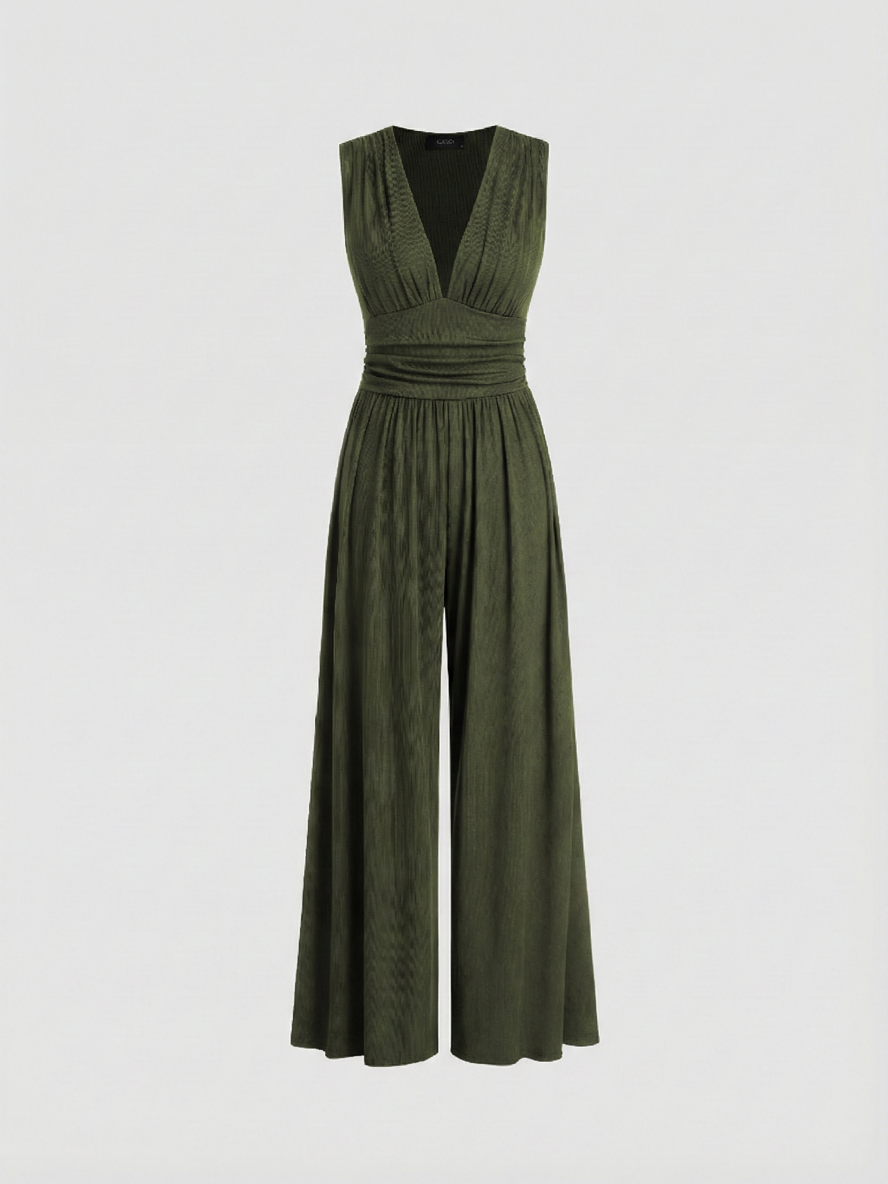 Army Green sleeveless jumpsuit with deep V neckline, ruched waist and wide-leg trousers