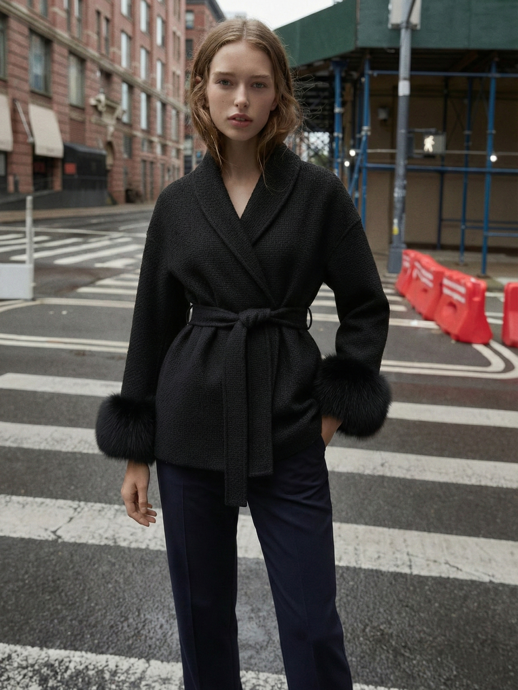 Céline | Manteau ceinturé à poignets en fausse fourrure