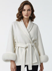 Celine | Wool Blend Belted Coat with Faux Fur Cuffs