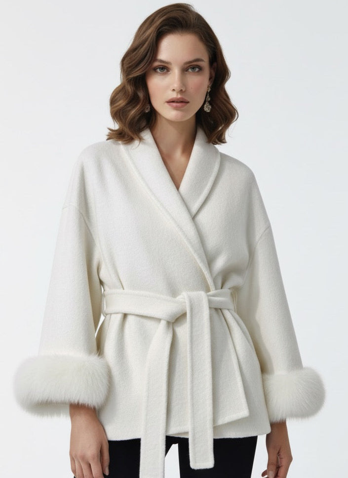 Celine | Wool Blend Belted Coat with Faux Fur Cuffs