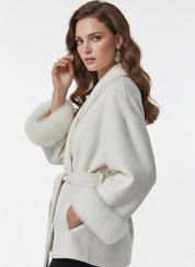 Celine | Wool Blend Belted Coat with Faux Fur Cuffs