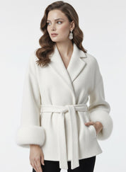 Celine | Wool Blend Belted Coat with Faux Fur Cuffs