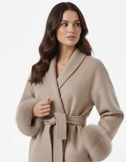 Celine | Wool Blend Belted Coat with Faux Fur Cuffs